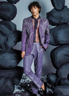 Deep Purple Embellished Jacket Set With Organza Shirt Contrast By Parth - Fabilicious Fashion Linen Jacket Men, Purple Shirt Outfits, Lavender Suit, Indo Western For Men, Xmas Party Outfits, Masc Outfits, Organza Shirt, Lucid Dream, Indian Men Fashion