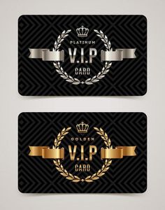 two black and gold business cards with golden ribbon, crown and laurels on them