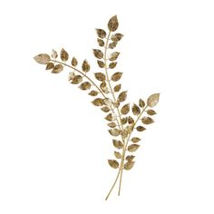 a branch with leaves is shown against a white background in this image, it appears to be pressed into gold foil