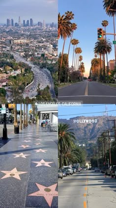 the hollywood walk of fame is shown with palm trees and mountains in the background as seen from across the street