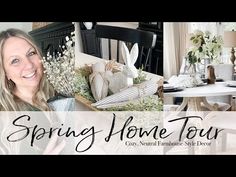 a woman standing in front of a dining room table with flowers on it and the words spring home tour