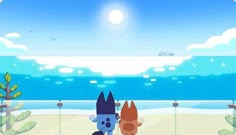 two cartoon characters are standing in front of an ocean view with the sky and water behind them