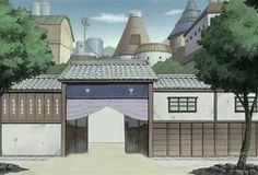 an anime scene with trees and buildings in the background