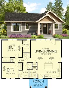 the floor plan for a small house with two bedroom and living areas on each side