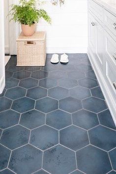 a bathroom with white walls and blue tile flooring that has hexagonal tiles on the floor