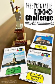 free printable lego challenge cards for the world landmarks with text overlay that says free printable lego challenge