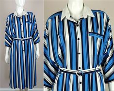 90s vintage smart shirtdress midi party day dress. Relaxed fit bodice, shirt collar and three quarter cuffed sleeves. Button down front, fitted waist and flared mid length bottom. Blue ivory stripe poly material. Lined  Excellent condition. Size estimate: m UK: 12 - 14 US: 10 - 12 EU: 40 - 42 Measurements: bust: 40 inch  sleeves: 17 inch  waist: 28 - 34 inch / 71 - 86 cm hips: free length: 47 inch - 119 cm Thank you for looking and please let me know if you have any questions - I am always happy Grecian Maxi Dress, Striped Print Dresses, Casual Midi Dress, Evening Tops, Midi Dress Casual, Long Shirt Dress, Classic Casual, Button Dress, Shirtdress