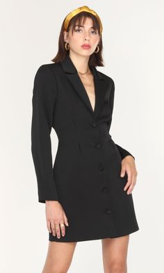 When sexy-meets-authoritative. Make a statement in this double-breasted tailored mini dress featuring self-covered dome buttons along the front, flattering princess darts along the waist, light shoulder pads and is finished in a mini length.  Blazer dress  Tailored  Long sleeves Mini Lined Self: 100% Polyester  Lining: Mini Blazer Dress, Mini Blazer, Black Blazer Dress, Blazer Mini Dress, Ladies Blazer, Hacks Clothes, Fashion Hacks, Luxury Women Fashion, Tailored Design