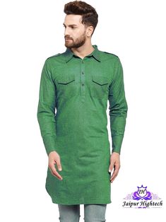 We bring to you this elegant design wedding party wear pathani style kurta long shirt summer outfit for men. This is Indian handmade cotton fabric men's wear versatile kurta. This plus size designer tunic has stylish straight collar neckline and graceful sleeve. This beautiful shirt top is made of cotton fabric so it will be comfortable and stylish. Increase your wardrobe collection as you wear this versatile kurta top from the house of Jaipur Hightech.  Give yourself a best ethnic look by wearing this traditional kurta made in India, this is Regular-Fit and Formal kurta. This is light weight cotton material man's wear sophisticated kurta tunic and it will be soft on your skin.  Team this with a pair of Mojris to give a classy touch to your ethnic look. This luxury gorgeous Indian kurta to Long Sleeve Cotton Sherwani With Dabka, Bollywood Style Cotton Kurta For Eid, Cotton Long Sleeve Sherwani For Eid, Bollywood Style Cotton Sherwani Straight Kurta, Bollywood Style Cotton Long Sleeve Sherwani, Bollywood Cotton Long Sleeve Sherwani, Bollywood Style Long Sleeve Cotton Sherwani, Traditional Green Cotton Shirt, Diwali Long Sleeve Cotton Sherwani