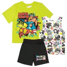 Team up with your favorite Marvel superheroes and live out your best adventures in this kids 3-piece set with a short-sleeve t-shirt, a tank top, and a pair of shorts. Perfect for playing superhero during the day or hanging out with friends later on! These items feature colorful graphics of your kids favorite Marvel characters like Hulk, Captain America, and Iron Man. This awesome superhero outfit set is available in sizes 4, 5/6, 7, and 8. Made with comfortable fabric and high-quality materials Green Cartoon Print Summer Sets, Fun Cotton Sets With Character Print, Multicolor Character Print Summer Sets, Cotton Sets With Character Print In Fun Style, Green Cotton Sets With Character Print, Fun Green Cotton Set, Fun Cotton Sets With Graphic Print, Multicolor Cartoon Print Sets For Playwear, Cartoon Print Crew Neck Playwear Set