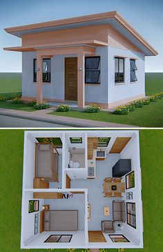 this is an image of a small house in the ground level view and on the top floor