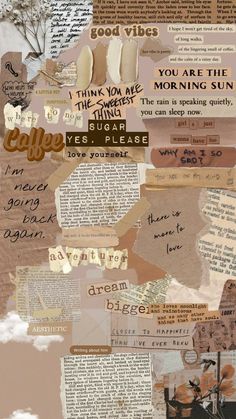 a collage of different types of papers with words and pictures on the paper,