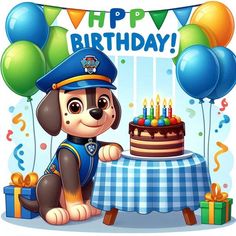 a birthday card with a cartoon dog holding a cake and balloons in front of it