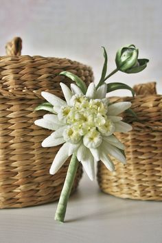 a white flower sitting on top of a table next to two wicker baskets filled with flowers