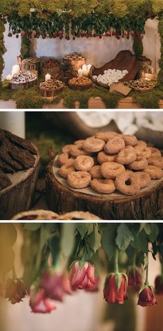 there are three different pictures with flowers and donuts on the same table, one in front of an open fire place