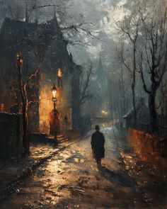 a painting of a man walking down a street at night