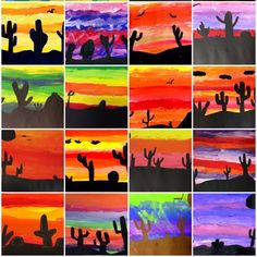 many different pictures of cactus silhouettes painted in different colors