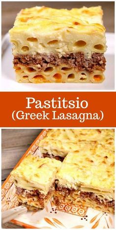 some food that is on top of a plate and in front of the words pasta di passito greek lasagna