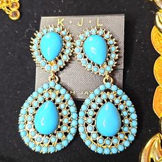 Vintage Kjl Unsigned Turquoise Tear Drop Earrings, Clip Ons In Excellent Condition 3" Long ..Gorgeous Turquoise Gemstone Party Jewelry, Turquoise Gemstone Jewelry For Party, Blue Dangle Earrings Costume Jewelry, Blue Dangle Costume Jewelry Earrings, Formal Teardrop Turquoise Jewelry, Formal Turquoise Teardrop Jewelry, Formal Turquoise Jewelry With Matching Earrings, Blue Costume Jewelry Wedding Earrings, Blue Costume Jewelry Earrings For Wedding