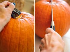 a person cutting into a pumpkin with a pair of scissors