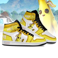 Game Character Peely J1 Shoes Custom Gamers-Gear Wanta Fortnite Shoes, Nike Shoes Collection, J1 Shoes, Cool Nike Shoes, Skin Fortnite, Shoes Custom, Sneaker Games, Air Jordan Shoes, Trendy Sneakers