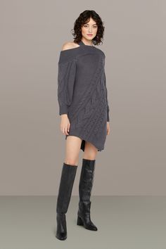 Cozy up in the Salem. With its cozy hand, cable-knit sleeves, and design-forward flange detail, this piece doubles as both a dress and a sweater. Your go-to for knit dressing, whether it's a solo act or layered for added warmth. DETAILS asymmetric neck, one / off / cold shoulder silhouette, mini length, long sleeve, not lined, imported COMPOSITION 30% wool, 35% recycled nylon, 30% eco vero viscose, 5% cashmere dry clean only SUSTAINABILITY REF: 58112473 Cozy Cable Knit Long Sleeve Dresses, Cozy Long Sleeve Cable Knit Dress, Fall Cable Knit Knee-length Sweater Dress, Cozy Cable Knit Dresses For Fall, Knee-length Cable Knit Sweater, Knee-length Cable Knit Sweater Dress, Chic Cable Knit Knee-length Dress, Winter Cable Knit Knee-length Dress, Knee-length Cable Knit Winter Dress