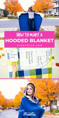 a woman wearing a hooded blanket with the words how to make a hooded blanket on it