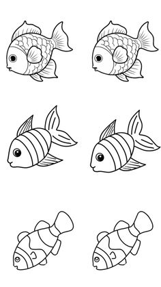 four different types of fish with black and white outlines on the bottom one side