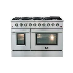 an oven with four burners and two doors on each side, in stainless steel