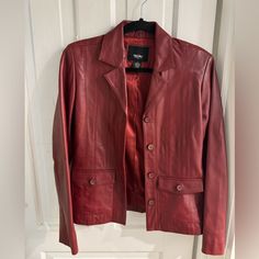 100% Real Genuine Leather Size Small - Women’s Brand New, Never Worn Perfect Condition Mossimo Red Leather Jacket With Button Closure For Winter, Red Leather Outerwear With Pockets, Red Leather Jacket With Button Closure For Fall, Classic Red Leather Jacket With Button Closure, Fitted Red Leather Jacket With Button Closure, Red Leather Long Sleeve Blazer, Red Leather Blazer With Long Sleeves, Red Business Outerwear With Button Closure, Burgundy Leather Jacket For Work