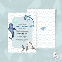 two cards with dolphins and balloons on them for a baby shower or birthday party in blue