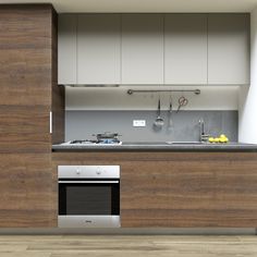 a modern kitchen with stainless steel appliances and wood cabinetry on the wall, along with wooden flooring