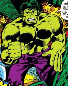 the incredible hulk is standing in front of some plants and trees with his fist out