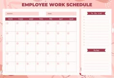 an employee work schedule with pink flowers and leaves on the side, in front of a pink background