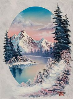 a painting of snow covered mountains with trees in the foreground and a lake below