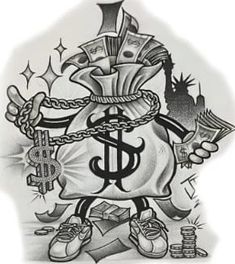 a black and white drawing of a money bag with chains around it's neck