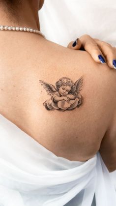 Small tattoo by 1991.ink Angel On Knees Tattoo, Tattoo From Photo, Realistic Angel Tattoo, Little Angel Tattoo, Cherub Angel Tattoo, Tattoo Ideas Aesthetic, Small Angel Tattoo, Angel Tattoo Ideas