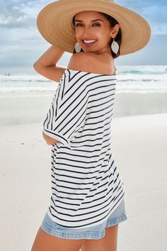 Refresh your casual wardrobe with our Striped Off-Shoulder Jersey Tee. Effortlessly stylish, this tee boasts an asymmetrical neckline and timeless stripes, perfect for everyday wear. Product code: CAA04C4F017TT Features:  Knit Off-shoulder design Short sleeves Pattern: Stripes Material: 95%COTTON,5%SPANDEX. Affordable Swimwear, Make Memories, Asymmetrical Neckline, Short Sleeve Pattern, Shoulder Design, Jersey Tee, Sleeves Pattern, Casual Wardrobe, Have Fun