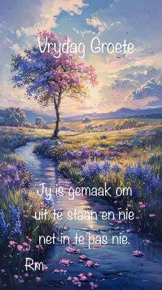 a painting of a tree and water with the words vrdag grotee on it