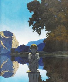 a painting of a boy sitting on the edge of a body of water