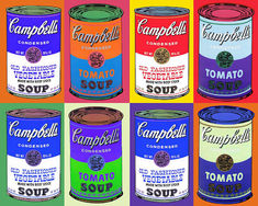 six cans of soup in different colors on a multi - colored background with the words campbell's soup