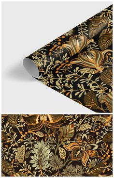 an image of a black and gold wallpaper with floral designs on the bottom half