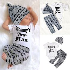 Material: Cotton blend, soft and comfortable, fashion cool design for kids to wear. Very cute 3pcs pants set for newborn baby boys. Features: meaningful words "Mommy's New Man" print on long sleeve/short sleeve onesies top, full mustache patterns print on pants leggings and cap/hat, expandable shoulders and Nickle-free snaps on reinforced panelsSize:3pcs clothes outfits set for Infants baby boy 0-3 Months/3-6 Months/6-12 Months/12-18 Months; More size details please reference Size Chart on Produ Coordinate Sets, Romper Men, Hat Outfits, Long Pants Outfit, Long Pant Jumpsuit, Infant Boy, Newborn Boy Clothes, Baby Boy Romper, Newborn Outfit