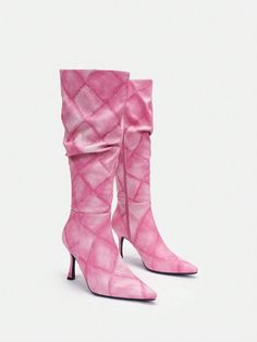 Elevate your style with our Women's Pink Color High Heel Long Boots. These boots feature a stunning pink color and a high heel design, perfect for any occasion. With these boots, you'll both look and feel confident, making a bold statement wherever you go. Step up your fashion game with these stylish boots. Color : Pink Closure Type : Side zipper Insole Material : PU Leather Lining Material : Fabric Outsole Material : Rubber Upper Material : PU Leather Size US Ball Girth Foot Length Heel Height Shaft Height EUR36 US6 8.5 9 3.5 15.3 EUR37 US6.5 8.7 9.3 3.5 15.6 EUR38 US7 8.8 9.5 3.5 15.8 EUR39 US8 9 9.8 3.5 16.1 EUR40 US9 9.2 10 3.5 16.4 EUR41 US9.5 9.4 10.3 3.5 16.7 Designer High Heels, Heel Design, Boot Print, Stylish Boots, Canvas Shoes Women, Long Boots, Leopard Pattern, Designer Heels, Elevate Your Style