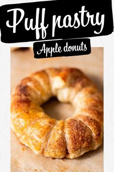 an apple donut is shown with the words puff pastry above it