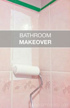 a bathroom makeover with pink tiles and green trim on the shower wall is shown