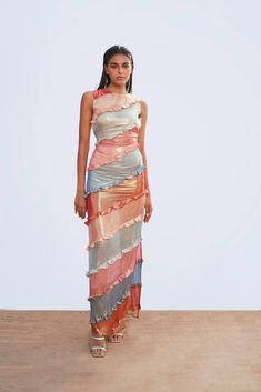 The Tidal is a metallic multicolor sleeveless candy colored dress. Each piece is unique, this dress is sheer. One Shoulder Drape Dress, Shibori Dress, Chiffon Kaftan, Candy Dress, Cowl Neck Dress, Textured Dress, Fringe Dress, Printed Wrap Dresses, Layer Dress