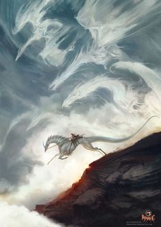 a white dragon flying over a mountain under a cloudy sky