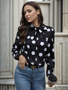 Lasaky - Chic Polka Dot Tie Neck Long Sleeve Blouse - Elegant Womens Casual Wear Polka Dot Long Sleeve Blouse For Work, Polka Dot Long Sleeve Tops For Workwear, Polka Dot Blouse For Office In Fall, Fitted Long Sleeve Polka Dot Blouse, Elegant Polka Dot Tops For Work, Polka Dot Long Sleeve Top For Fall, Elegant Polka Dot Top For Fall, Casual Polka Dot Blouse For Fall, Chic Polka Dot Tops For Fall