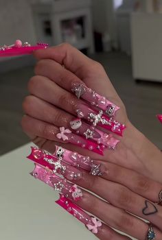 French Tip Nails Hello Kitty, Pink Extra Birthday Nails, Hello Kitty Nails With Charms, Pink Extra Nails, Dramatic Nails Designs, Long Junk Nails, Extremely Long Nails, Pink Junk Nails, Cat Eyelashes